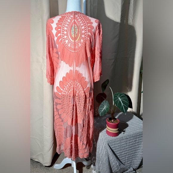Rebellion Again Coral Pink Sheer Lace Maxi Duster Cardigan - Medium - NWT - Picture 10 of 11